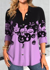 Halloween Button Purple Long Sleeve Shirt Collar Blouse