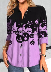 Halloween Button Purple Long Sleeve Shirt Collar Blouse