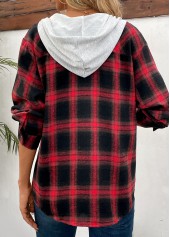 Plaid Patchwork Red Hooded Long Sleeve Coat