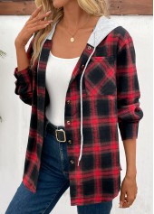 Plaid Patchwork Red Hooded Long Sleeve Coat