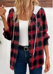 Plaid Patchwork Red Hooded Long Sleeve Coat
