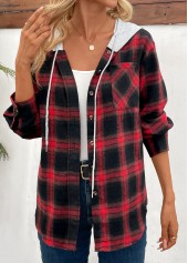 Plaid Patchwork Red Hooded Long Sleeve Coat