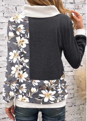 Floral Print Patchwork Dark Grey Cowl Neck Sweatshirt