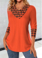 Plaid Patchwork Brick Red Asymmetrical Neck Sweatshirt