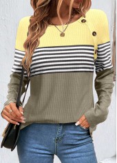 Striped Patchwork Sage Green Scoop Neck Sweatshirt