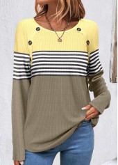 Striped Patchwork Sage Green Scoop Neck Sweatshirt
