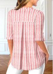 Striped Button Light Pink Split Neck Blouse
