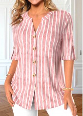 Striped Button Light Pink Split Neck Blouse