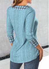 Plaid Patchwork Dusty Blue Asymmetrical Neck Sweatshirt