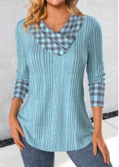 Plaid Patchwork Dusty Blue Asymmetrical Neck Sweatshirt