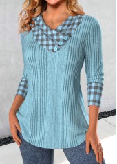 Plaid Patchwork Dusty Blue Asymmetrical Neck Sweatshirt