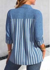 Denim-effect Print Patchwork Denim Blue Long Sleeve Blouse