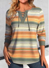 Striped Lace Up Multi Color T Shirt