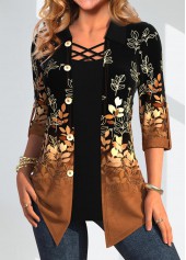 Leaf Print Button Dark Camel Fake Two Piece Twinset