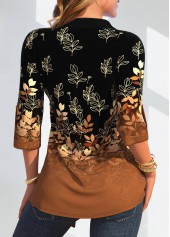 Leaf Print Button Dark Camel Fake Two Piece Twinset