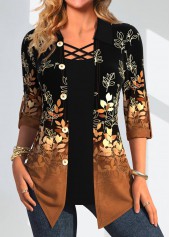 Leaf Print Button Dark Camel Fake Two Piece Twinset