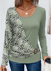 Leopard Patchwork Sage Green Round Neck T Shirt