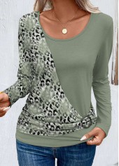 Leopard Patchwork Sage Green Round Neck T Shirt