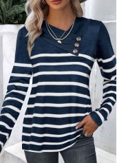 Striped Button Navy Asymmetrical Neck T Shirt