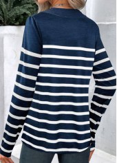 Striped Button Navy Asymmetrical Neck T Shirt