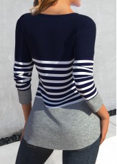 Striped Patchwork Navy Round Neck T Shirt