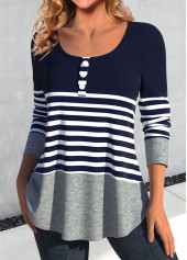 Striped Patchwork Navy Round Neck T Shirt