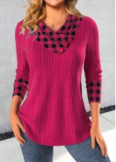Plaid Patchwork Hot Pink Asymmetrical Neck Sweatshirt