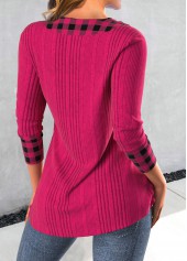Plaid Patchwork Hot Pink Asymmetrical Neck Sweatshirt