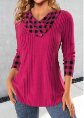 Plaid Patchwork Hot Pink Asymmetrical Neck Sweatshirt