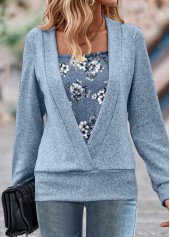 Random Floral Print Fake 2in1 Dusty Blue Sweatshirt