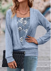 Random Floral Print Fake 2in1 Dusty Blue Sweatshirt