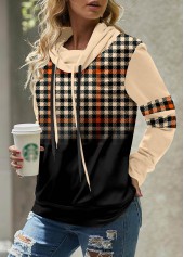 Plaid Patchwork Light Coffee Cowl Neck Sweatshirt