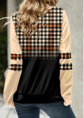 Plaid Patchwork Light Coffee Cowl Neck Sweatshirt