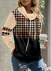 Plaid Patchwork Light Coffee Cowl Neck Sweatshirt