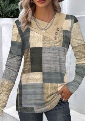 Geometric Print Button Multi Color T Shirt