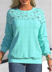 Long Sleeve Patchwork Cyan Round Neck Sweatshirt