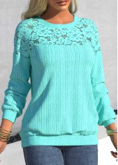 Long Sleeve Patchwork Cyan Round Neck Sweatshirt