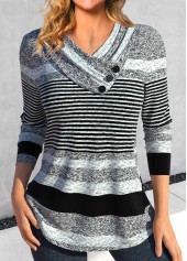 Striped Asymmetry Grey Asymmetrical Neck T Shirt