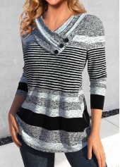 Striped Asymmetry Grey Asymmetrical Neck T Shirt