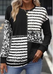 Striped Patchwork Black Round Neck Long Sleeve Sweatshirt