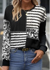 Striped Patchwork Black Round Neck Long Sleeve Sweatshirt