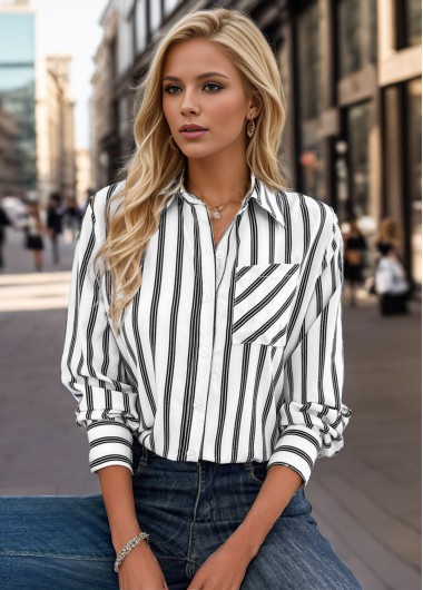 Rosewe Striped Pocket White Shirt Collar Long Sleeve Blouse - L