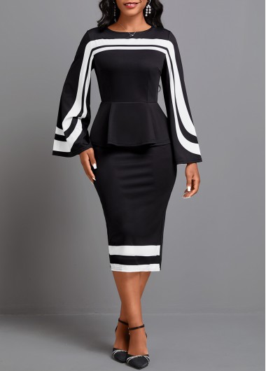 Geometric Print Patchwork Black Long Sleeve Dress 38$