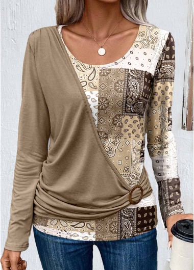 Patchwork Asymmetry Light Camel Scoop Neck T Shirt
