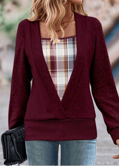 Plus Size Wine Red Fake 2in1 Plaid Sweatshirt 32$