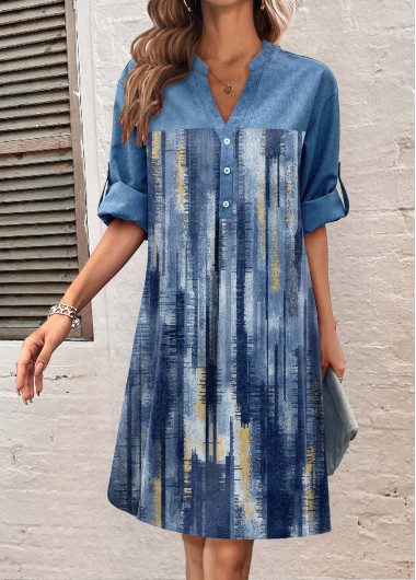 Denim-effect Print Button Denim Blue Dress 34$