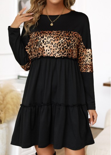 Leopard Patchwork Black Short Round Neck Shift Dress 34$