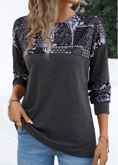 Tribal Print Patchwork Dark Grey Round Neck T Shirt
