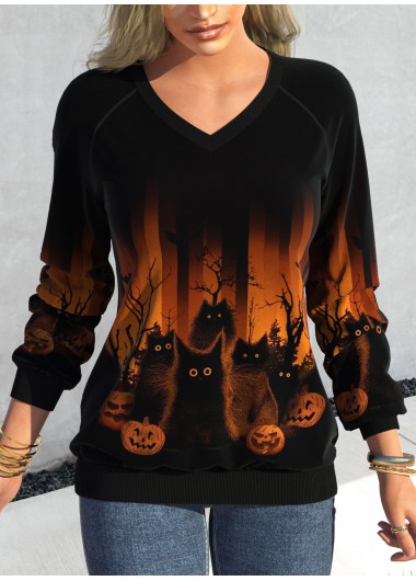 Halloween Print Patchwork Black V Neck Long Sleeve Sweatshirt