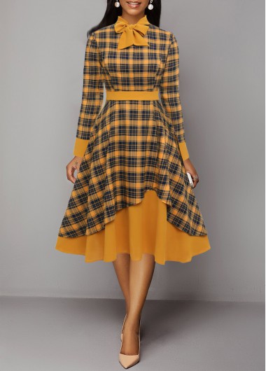 Plaid Patchwork Orange Tie Collar Long Sleeve Dress